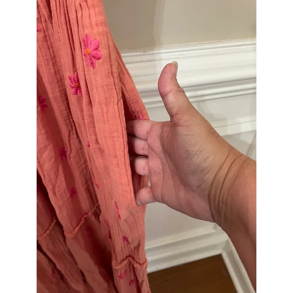 Free People XL Dahlia Embroidered Maxi Dress Coral Pink Smocked Puff Sleeve